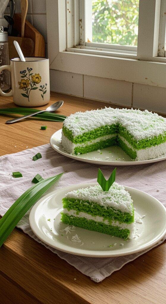 A realistic, amateur-style photo of a pandan coconut cake on a white plate in a cozy home kitchen, featuring uneven lighting, crumbs on a textured cloth, and a relaxed, unstyled presentation, with fresh pandan leaves nearby.
