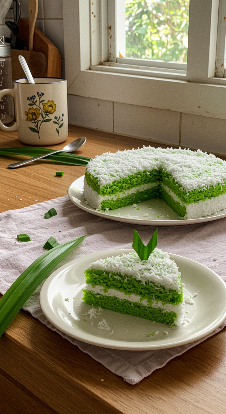 A realistic, amateur-style photo of a pandan coconut cake on a white plate in a cozy home kitchen, featuring uneven lighting, crumbs on a textured cloth, and a relaxed, unstyled presentation, with fresh pandan leaves nearby.
