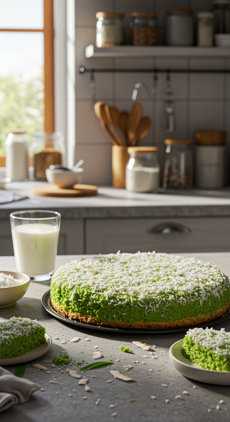 An authentic, amateur-style photo of a pandan coconut cake on a cluttered kitchen counter with visible imperfections, scattered crumbs, and casual kitchen items, captured in natural daytime light.