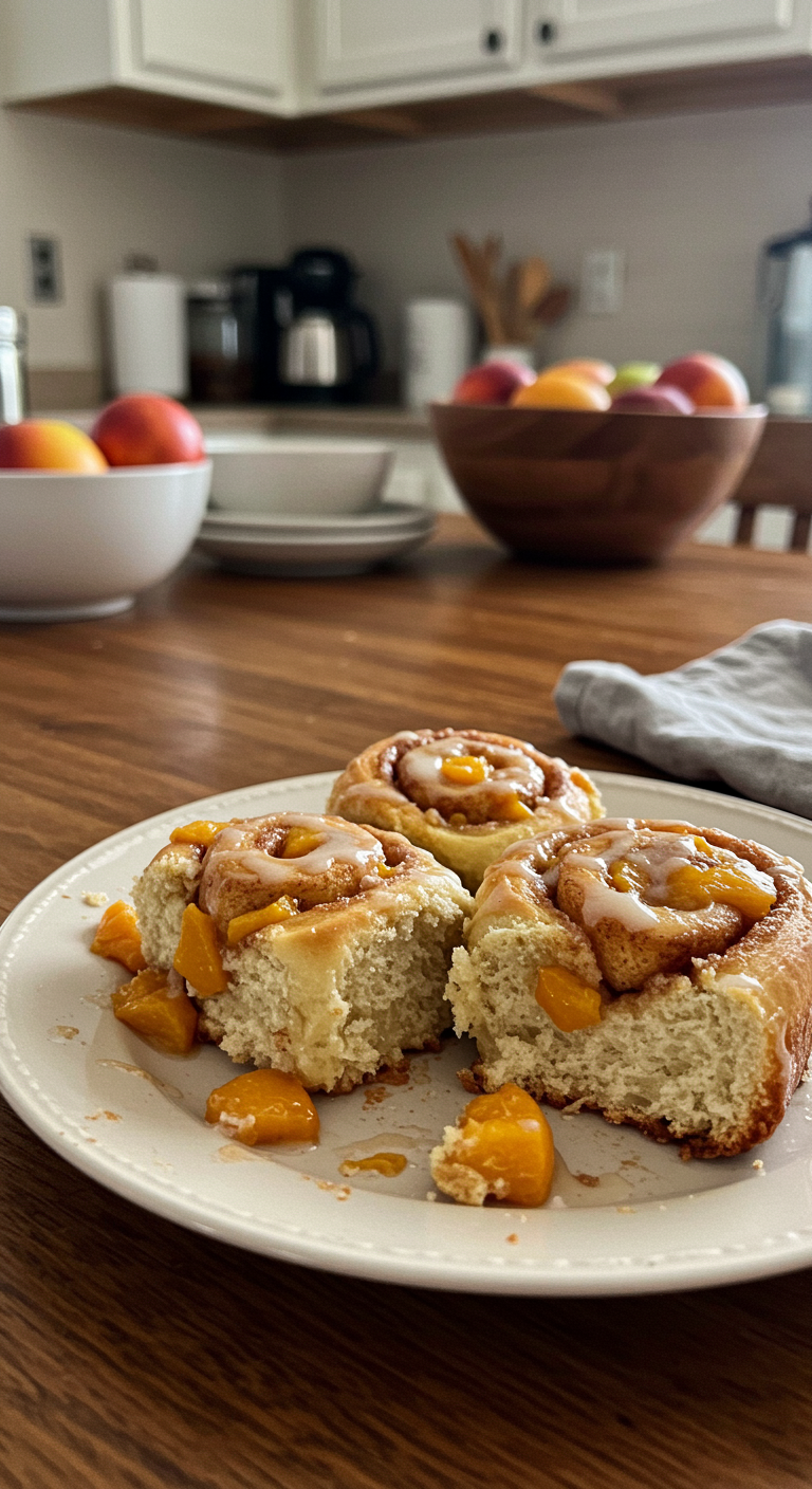 A homey scene of peach cobbler cinnamon rolls served casually on a plate in a cozy kitchen setting, showing the dish with natural imperfections like crumbs and glaze, illuminated by warm, uneven lighting typical of a casual kitchen. The background has cluttered counters and utensils, enhancing the relaxed, everyday atmosphere.