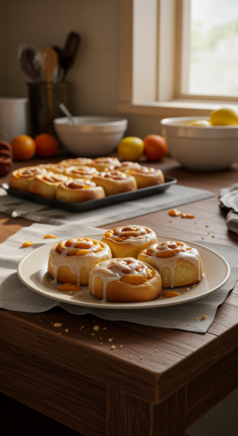 A realistic, amateur-style image of peach cobbler cinnamon rolls on a plate in a cozy kitchen corner, featuring warm natural light, slightly imperfect presentation, crumbs, and casual background clutter to convey an inviting, everyday setting.