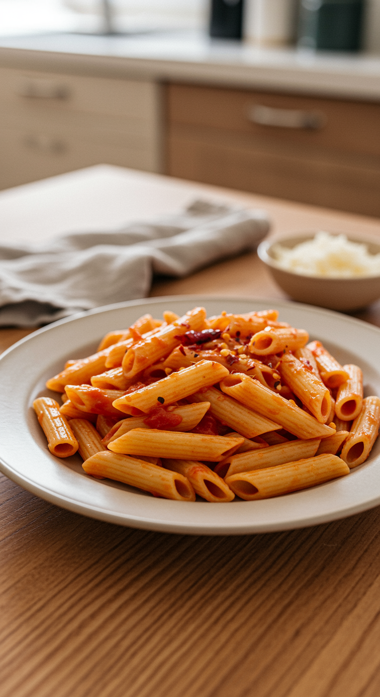 A casual dish of Penne all'Arrabbiata pasta in a ceramic bowl on a wooden table, featuring spicy red tomato sauce, rustic presentation, and natural lighting, in a relaxed home kitchen setting.
