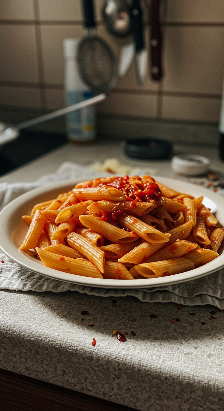 A casual plate of Penne all'Arrabbiata spaghetti with spicy tomato sauce on a kitchen counter, showing rustic, imperfect presentation, natural lighting, and a lived-in kitchen scene.