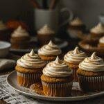Casual home scene with pumpkin cupcakes topped with caramel cream cheese frosting on a rustic wooden table, softly lit with natural evening light, showing slight imperfections and crumbs, with a blurred kitchen background.