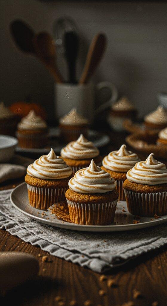 Casual home scene with pumpkin cupcakes topped with caramel cream cheese frosting on a rustic wooden table, softly lit with natural evening light, showing slight imperfections and crumbs, with a blurred kitchen background.