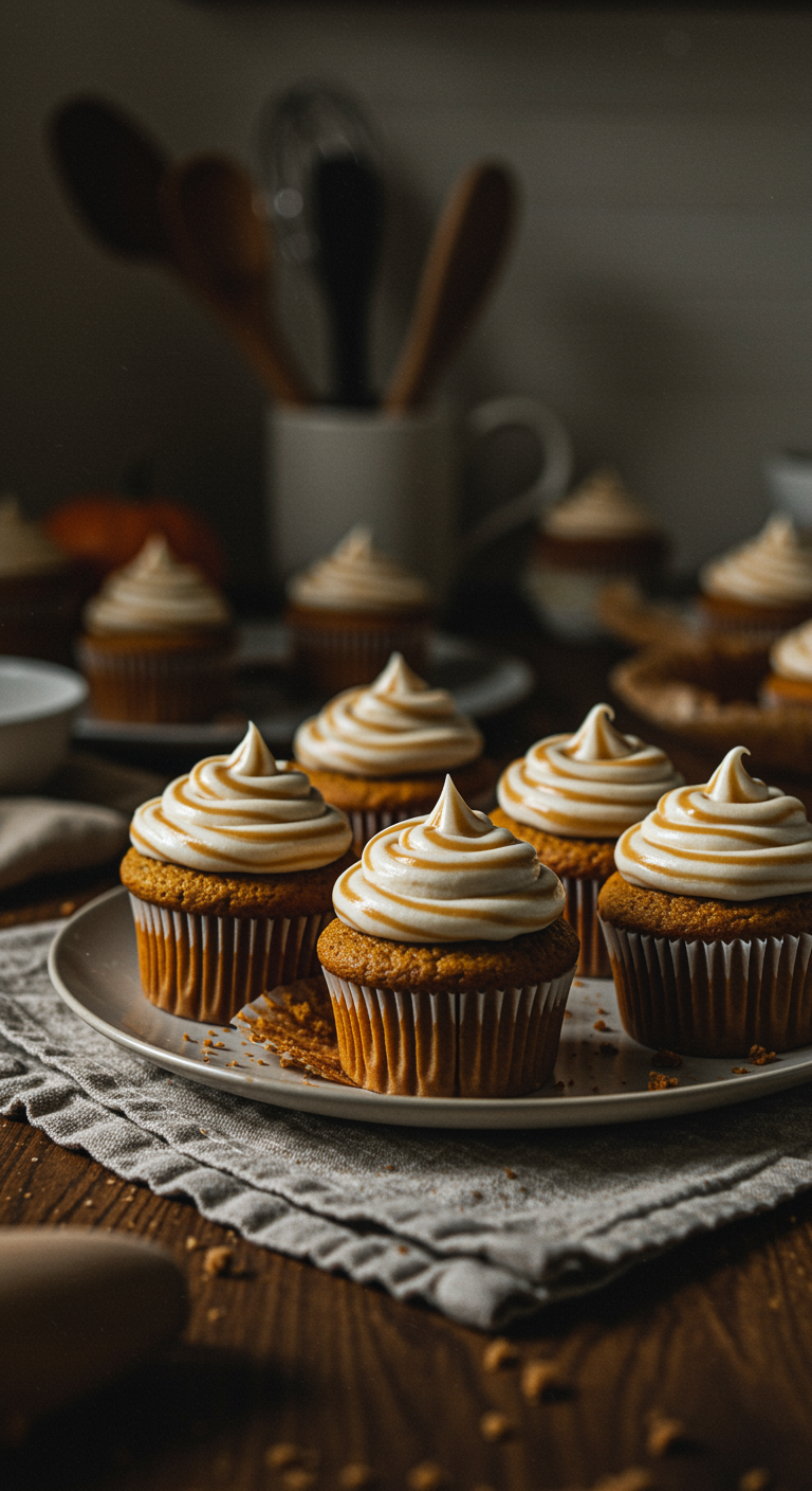 Casual home scene with pumpkin cupcakes topped with caramel cream cheese frosting on a rustic wooden table, softly lit with natural evening light, showing slight imperfections and crumbs, with a blurred kitchen background.