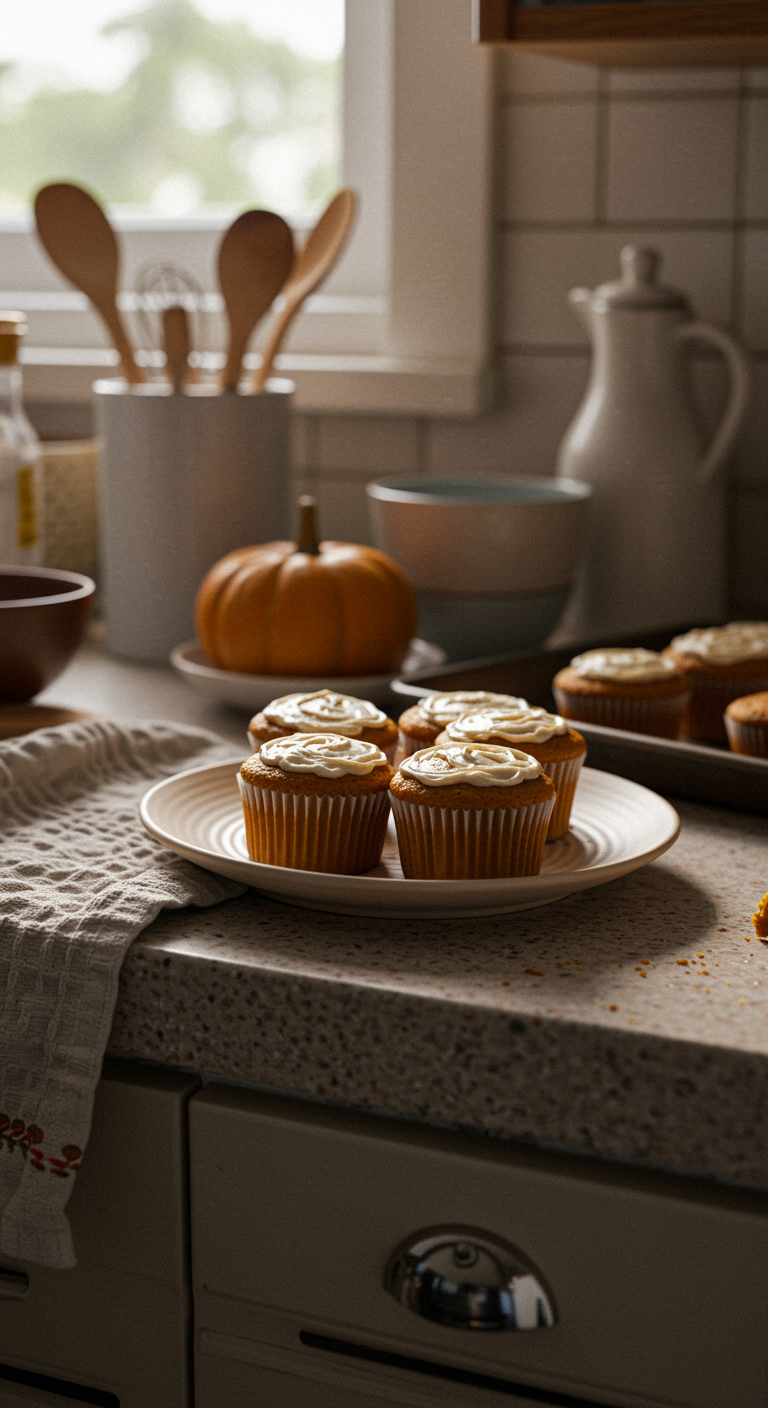 Casual kitchen scene featuring pumpkin cupcakes with caramel cream cheese frosting on a plate, surrounded by lightly cluttered countertops and utensils, with natural lighting and imperfect, homemade presentation.
