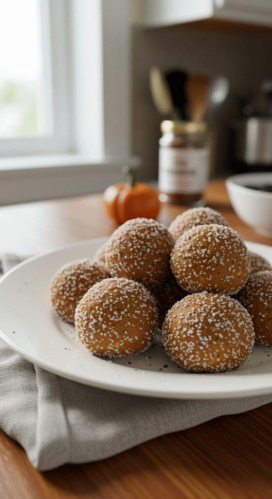 Casual scene of pumpkin Oreo balls presented on a white plate in a home kitchen, showing uneven coating and small crumbs, with natural lighting and a cozy, slightly cluttered background.