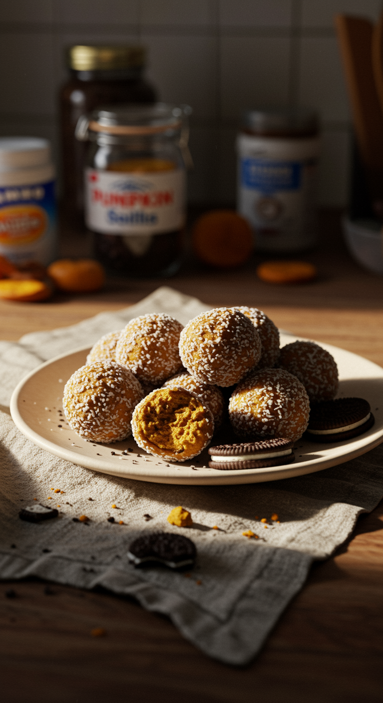 Casual photo of pumpkin Oreo balls on a plate, set on a rustic cloth in a home kitchen scene with natural lighting, crumbs, and background clutter for an authentic, informal feel.