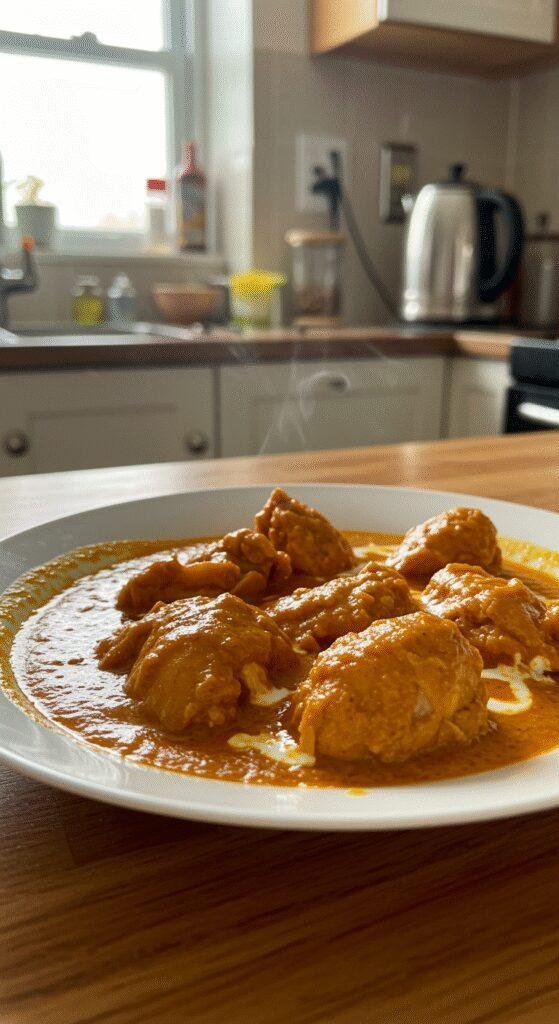 A realistic photo of homemade butter chicken served on a white plate in a cozy kitchen setting, showing tender chicken pieces in a flavorful orange sauce. The scene has natural lighting with slight shadows, a casual background with kitchen clutter, and a warmly lit, imperfect presentation, capturing a homemade Indian dish ready to enjoy.