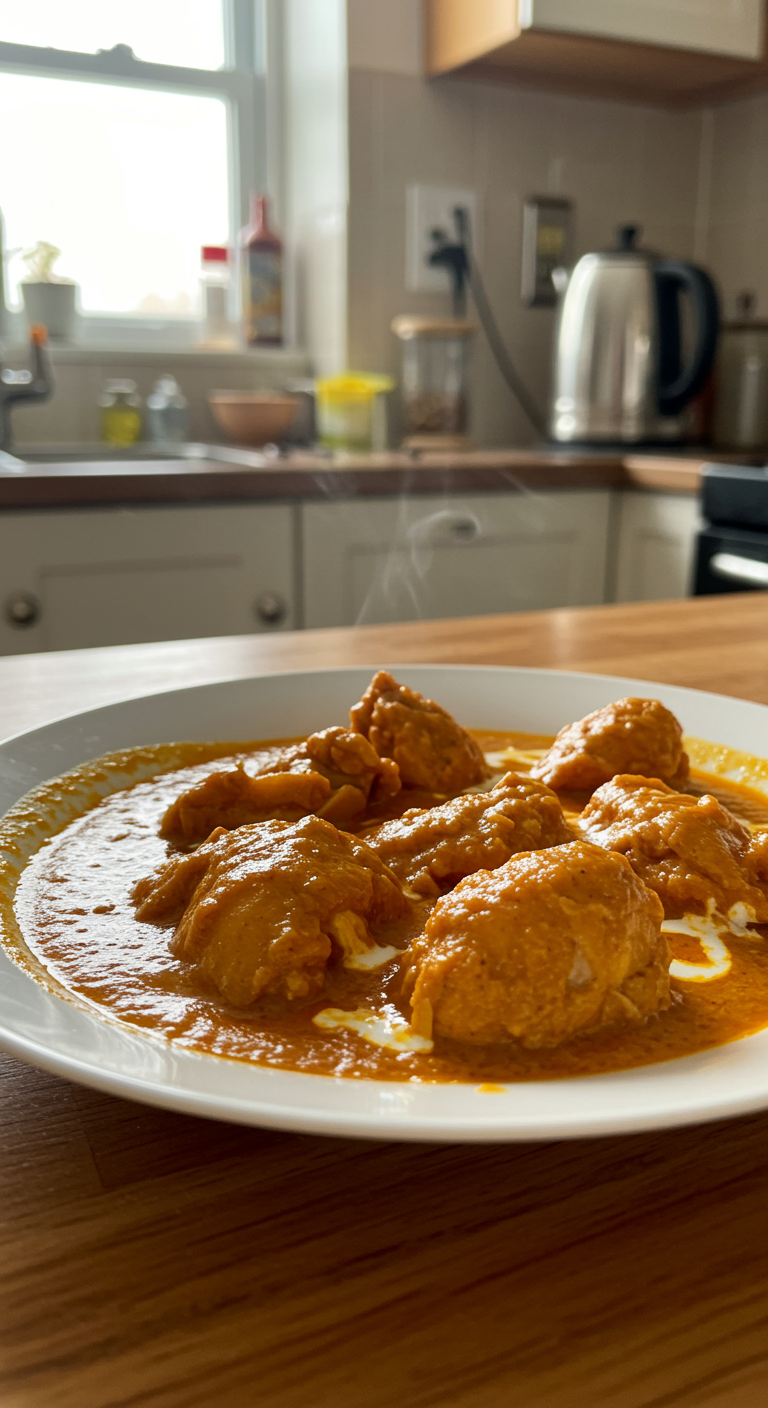 A realistic photo of homemade butter chicken served on a white plate in a cozy kitchen setting, showing tender chicken pieces in a flavorful orange sauce. The scene has natural lighting with slight shadows, a casual background with kitchen clutter, and a warmly lit, imperfect presentation, capturing a homemade Indian dish ready to enjoy.