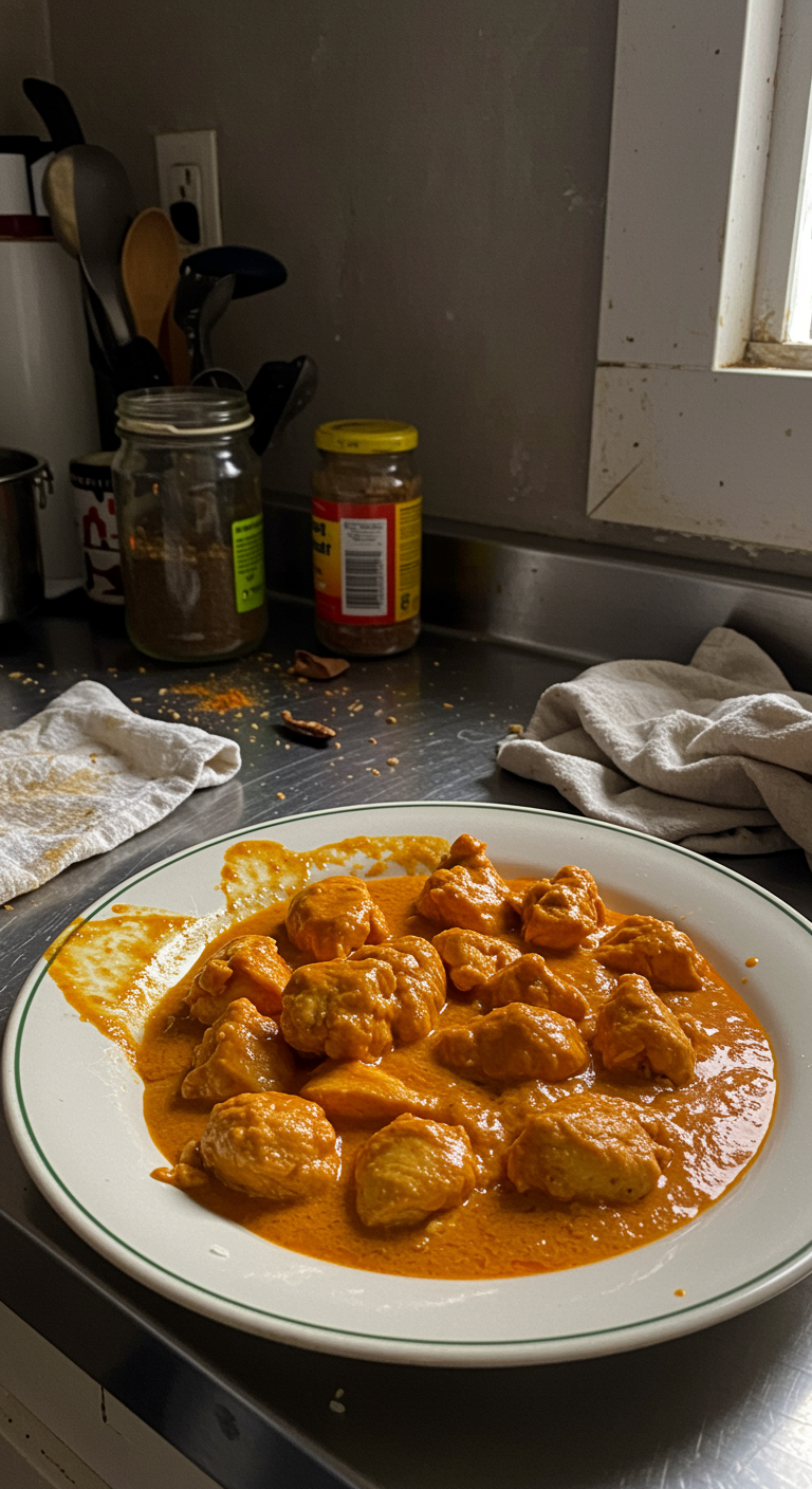 An informal photo of homemade butter chicken served casually on a plate in a cluttered home kitchen. The dish looks flavorful with chunks of chicken in a thick, orange sauce, and the scene shows natural imperfections like crumbs and uneven lighting, creating an authentic, everyday vibe.