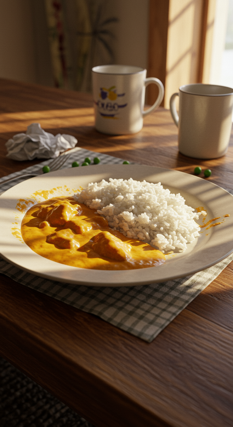 A casual home setting photo of homemade butter chicken served on a plate with rice, featuring natural lighting, imperfect presentation, and cozy clutter in the background.