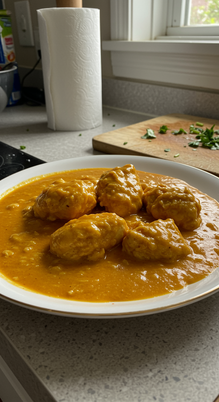 A realistic, amateur-style kitchen scene showing homemade butter chicken on a plate, with natural lighting, imperfect presentation, and everyday clutter.