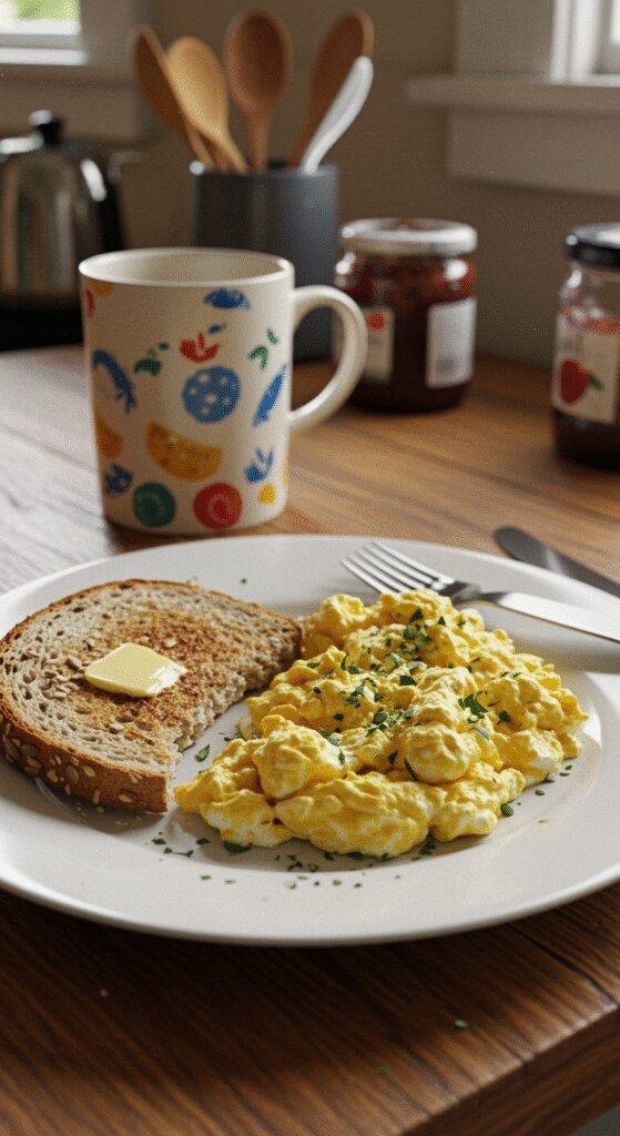 A realistic and cozy scene of a high-protein breakfast on a simple plate with scrambled eggs, herbs, and cheese, accompanied by whole-grain toast with seeds, presented on a worn wooden table in a home kitchen setting with natural lighting and casual clutter around.
