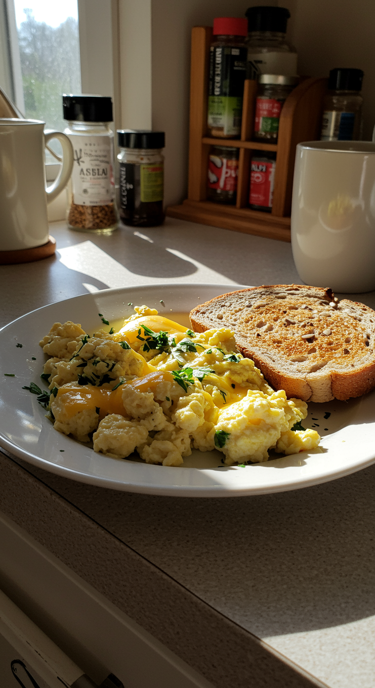 A realistic, amateur-style photo of a high-protein breakfast on a cozy kitchen counter, showing scrambled eggs with herbs and cheese alongside seeded toast, with natural lighting, slight imperfections, and a casually arranged background.