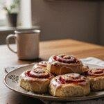 Casual scene of Raspberry Cinnamon Rolls with Lemon Glaze on a wooden table, surrounded by a cozy home kitchen environment, with warm natural lighting, imperfect presentation, and a relaxed, lived-in atmosphere.
