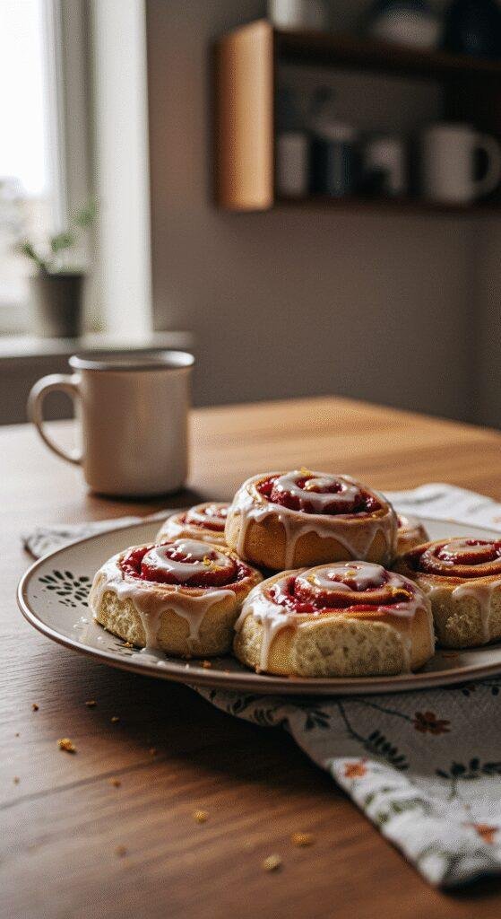 Casual scene of Raspberry Cinnamon Rolls with Lemon Glaze on a wooden table, surrounded by a cozy home kitchen environment, with warm natural lighting, imperfect presentation, and a relaxed, lived-in atmosphere.