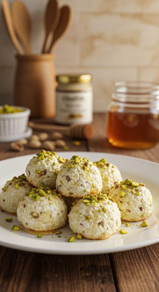 Realistic photo of ricotta pistachio honey bites on a white plate in a home kitchen setting. The bites are unevenly shaped, showing a crumbly texture, topped with chopped pistachios and a drizzle of honey. The background includes kitchen items like utensils and jars, with warm, natural light creating soft shadows, giving an authentic and cozy feel.
