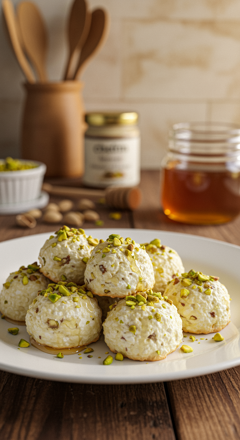 Realistic photo of ricotta pistachio honey bites on a white plate in a home kitchen setting. The bites are unevenly shaped, showing a crumbly texture, topped with chopped pistachios and a drizzle of honey. The background includes kitchen items like utensils and jars, with warm, natural light creating soft shadows, giving an authentic and cozy feel.