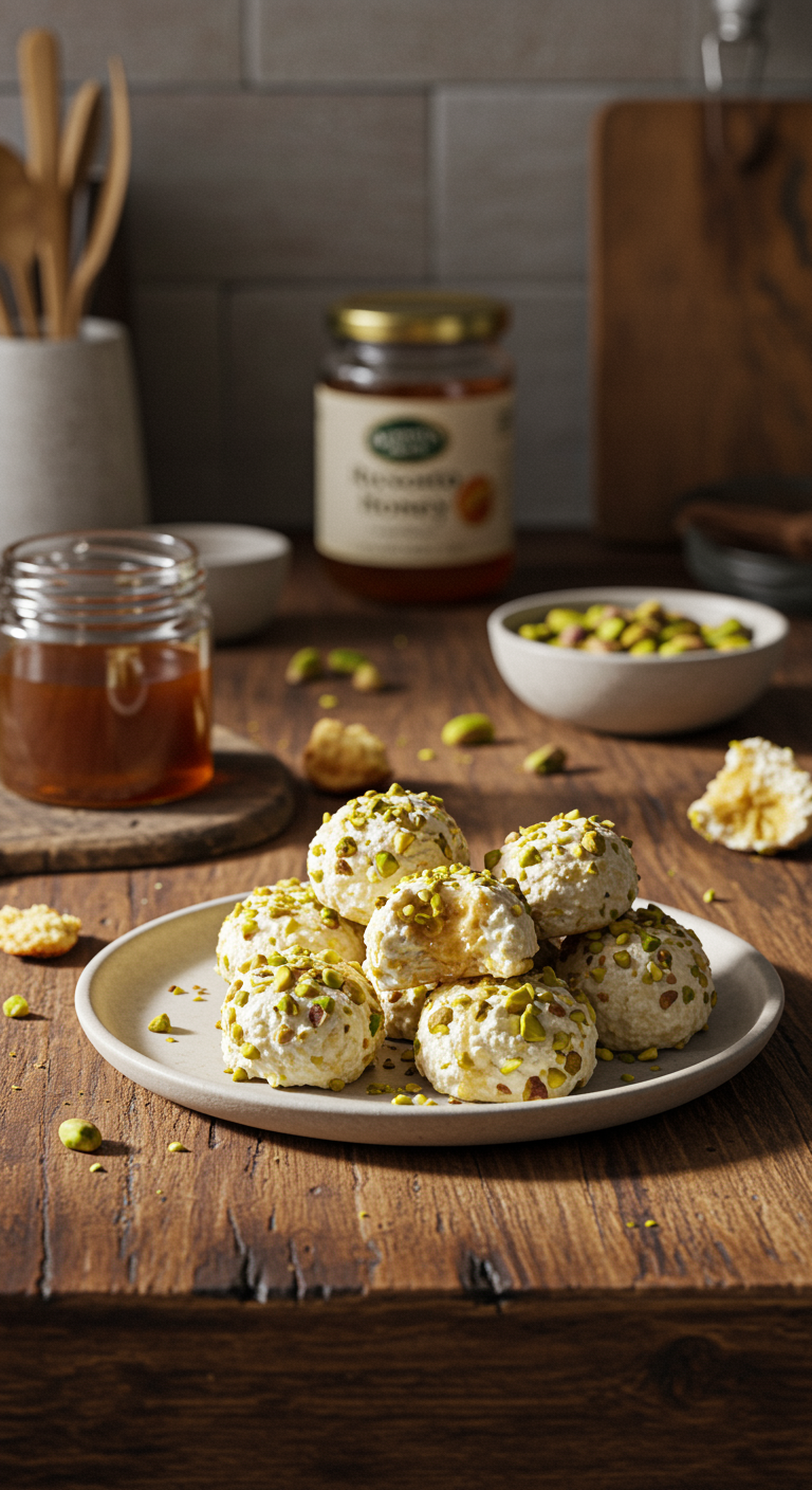 Amateur-style photo of ricotta pistachio honey bites on a ceramic plate on a wooden countertop in a home kitchen. The bites are unevenly shaped with visible pistachio pieces and honey, with a background of kitchen clutter, including an open jar of honey and a bowl of pistachios. Natural, unprofessional lighting highlights the cozy, casual atmosphere.