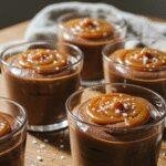 Realistic photo of salted caramel chocolate mousse cups on a rustic wooden table in a cozy kitchen setting. The cups contain dark chocolate mousse topped with salted caramel, with a casual and imperfect presentation that emphasizes natural lighting and homestyle imperfections.