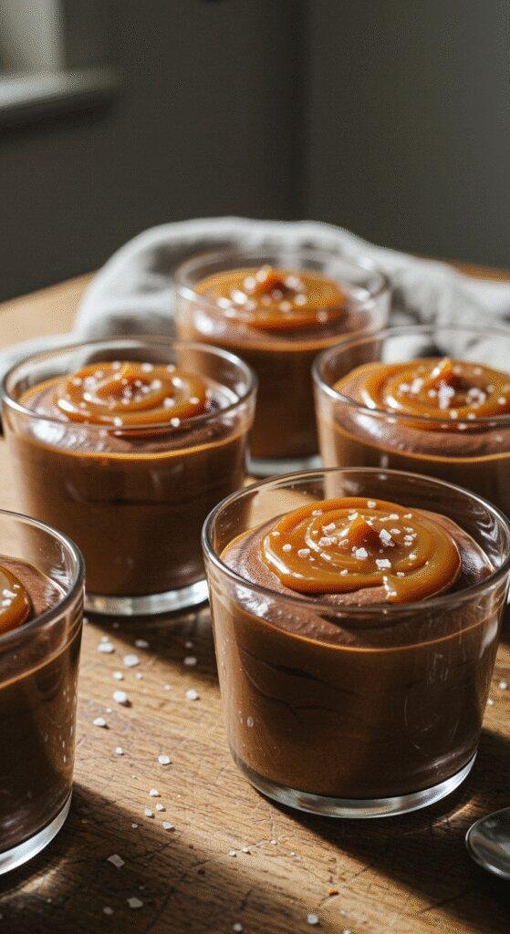 Realistic photo of salted caramel chocolate mousse cups on a rustic wooden table in a cozy kitchen setting. The cups contain dark chocolate mousse topped with salted caramel, with a casual and imperfect presentation that emphasizes natural lighting and homestyle imperfections.