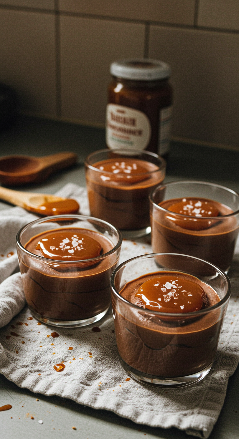 Amateur-style photo of salted caramel chocolate mousse cups on a kitchen counter, featuring mismatched glasses, casual clutter, and natural lighting that captures an authentic, homey atmosphere.
