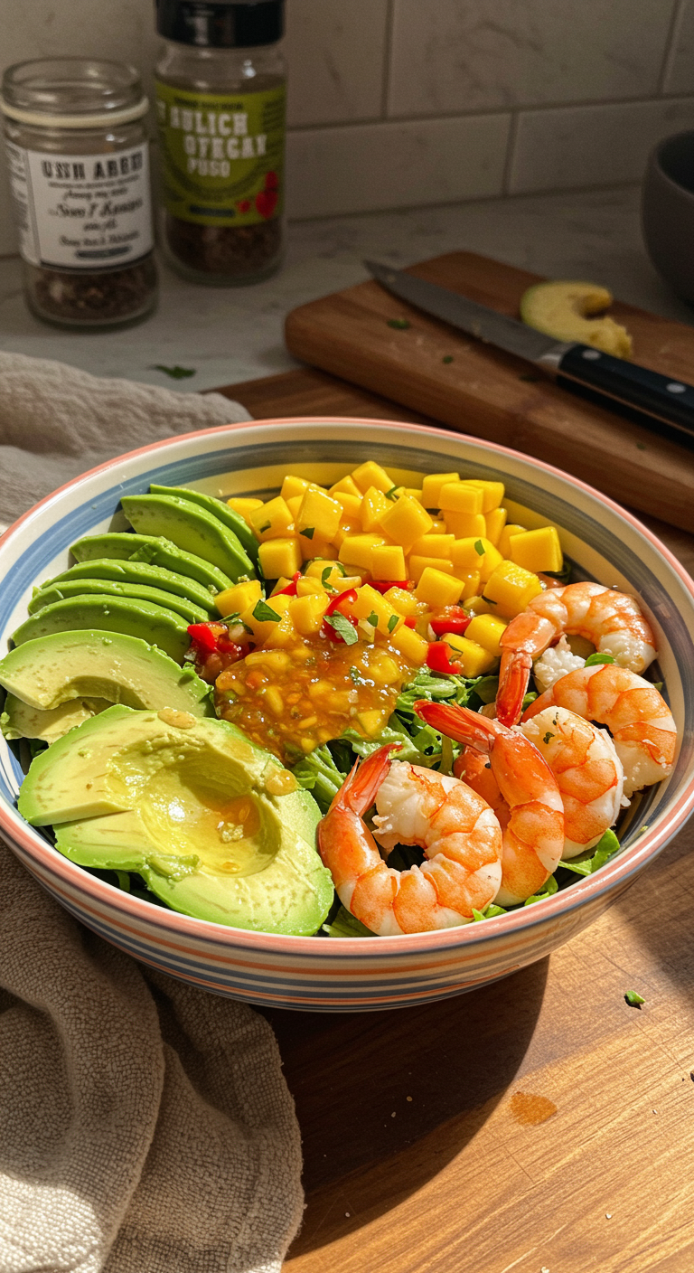 A casual, realistic photo of shrimp and avocado bowls on a cozy kitchen counter, featuring mango salsa and lime-chili sauce, with rustic details like a cloth and crumbs, captured in natural lighting for an inviting homemade look.