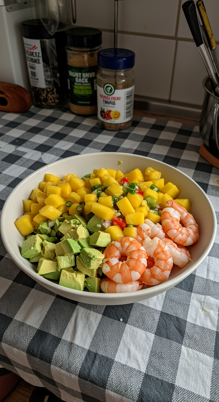A casual home-style photo of a shrimp and avocado bowl on a kitchen table with messy, authentic details like smudges, crumbs, and cluttered background, shot in natural, uneven lighting.