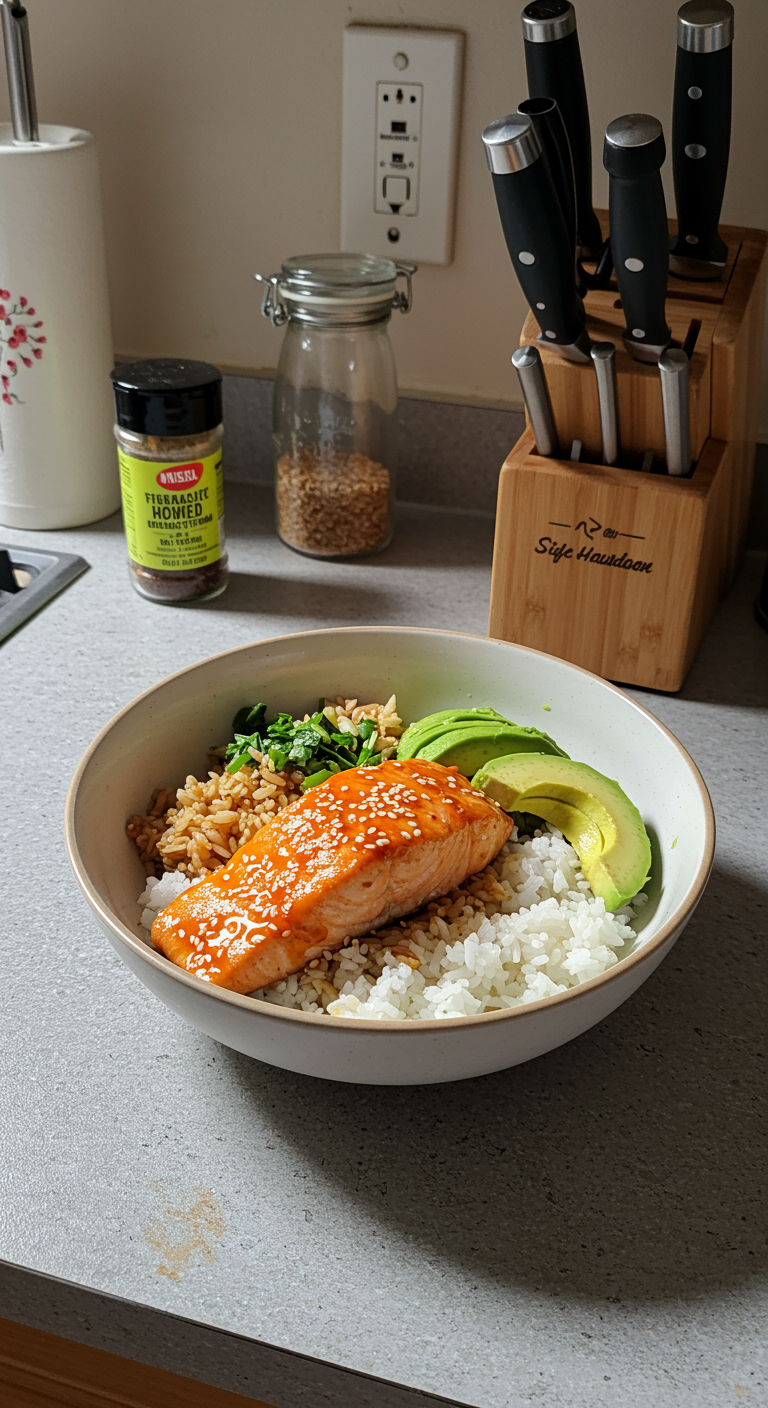 A home kitchen scene with a simple bowl of Sriracha Honey Salmon served over rice and topped with avocado and sesame seeds, placed on a worn countertop with casual clutter and natural lighting, emphasizing an inviting homemade meal.