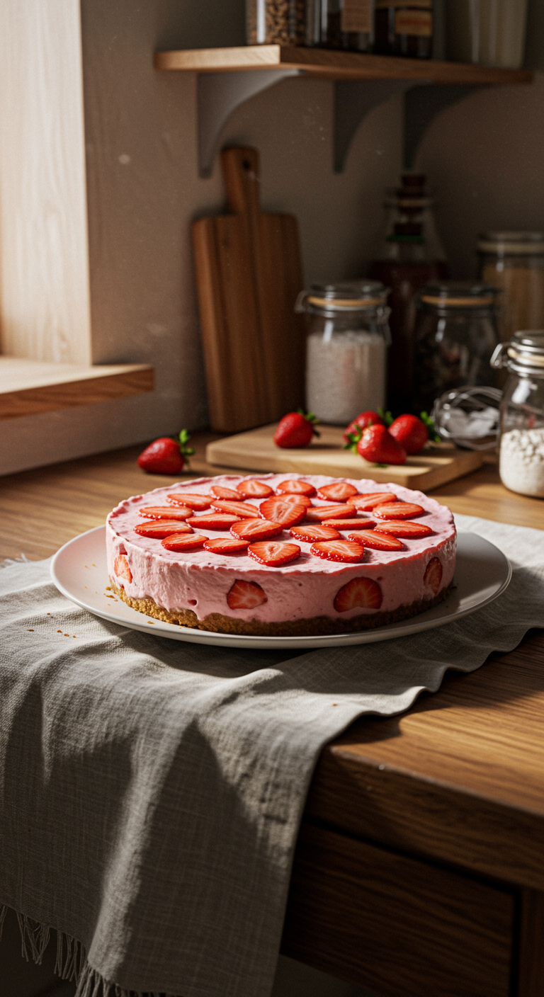 Casual photo of a homemade strawberry cheesecake on a rustic cloth in a cozy home kitchen, showing fresh strawberries and a slightly imperfect presentation with a warm, natural look for an amateur-style image.