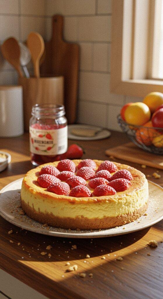 Relaxed scene of a homemade strawberry cheesecake on a rustic table in a cozy kitchen corner, topped with fresh strawberries and powdered sugar, with baking ingredients and utensils nearby, captured in natural lighting and casual arrangement.