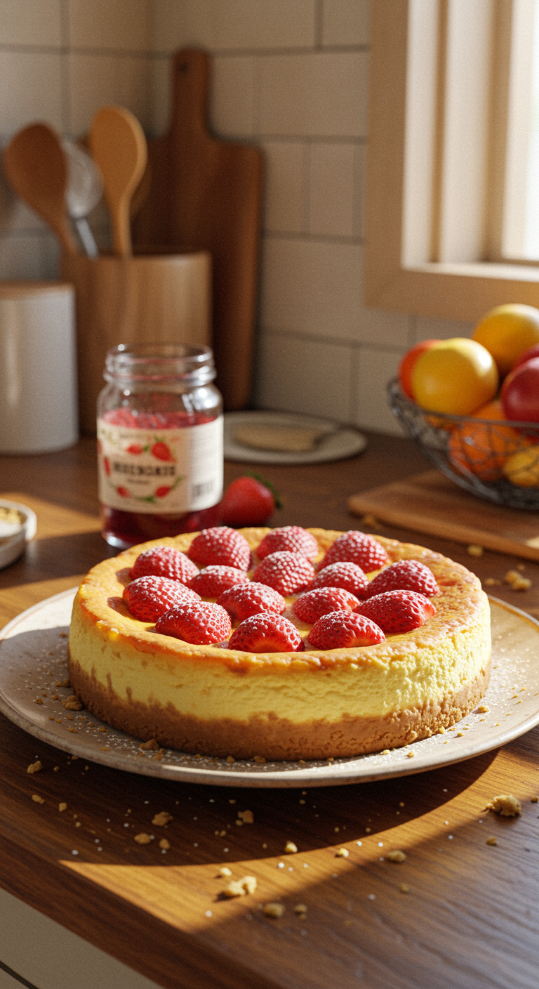Relaxed scene of a homemade strawberry cheesecake on a rustic table in a cozy kitchen corner, topped with fresh strawberries and powdered sugar, with baking ingredients and utensils nearby, captured in natural lighting and casual arrangement.