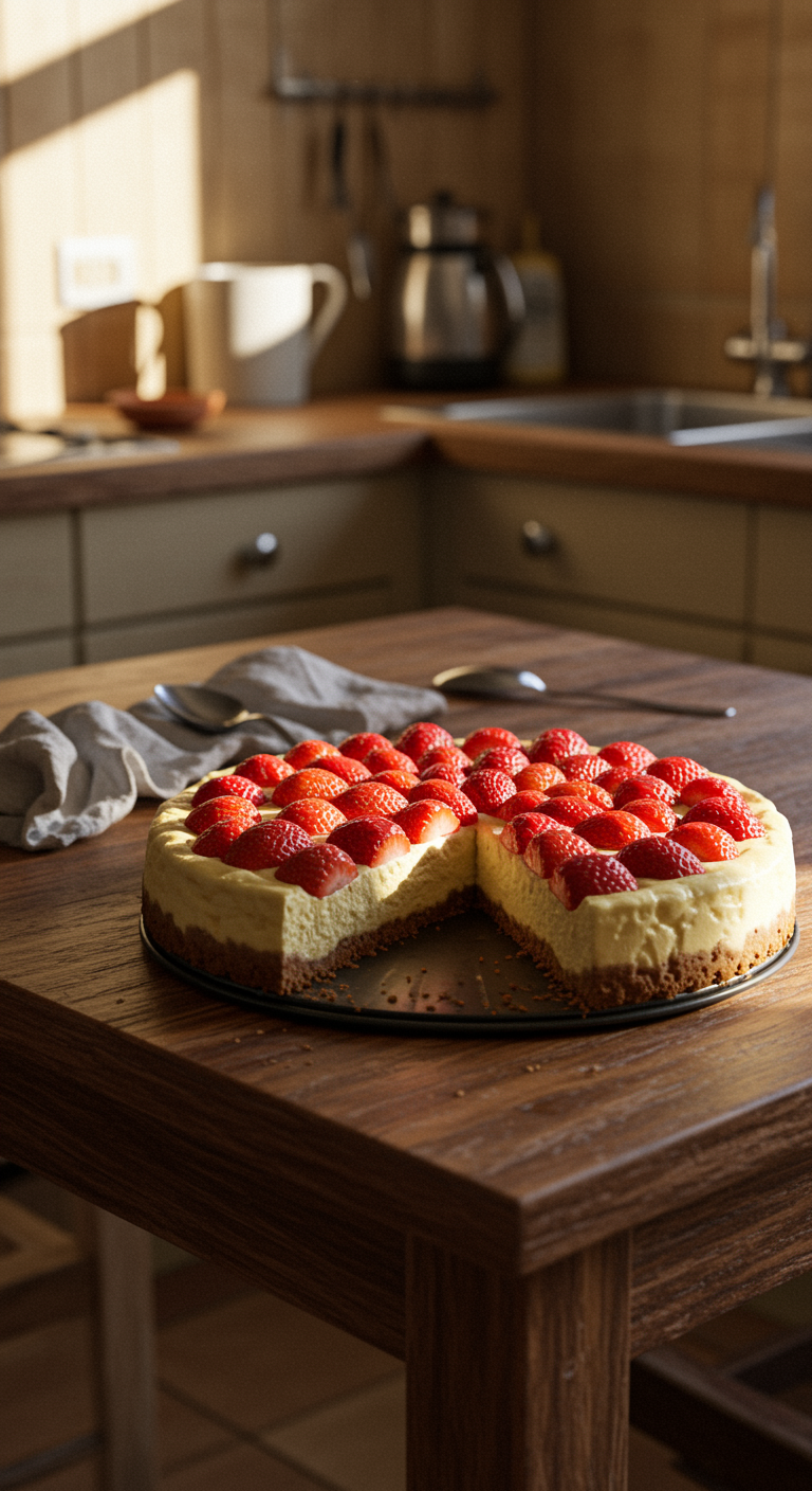 Casual shot of a homemade strawberry cheesecake on a rustic kitchen table, with imperfect presentation, surrounded by everyday kitchen items and natural daylight, conveying an inviting, homemade atmosphere.
