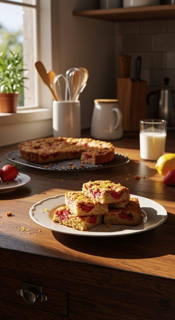 Homemade strawberry lemon blondies casually plated on a wooden table in a cozy home kitchen setting, with crumbs and uneven edges in natural, soft lighting and a slightly cluttered background.