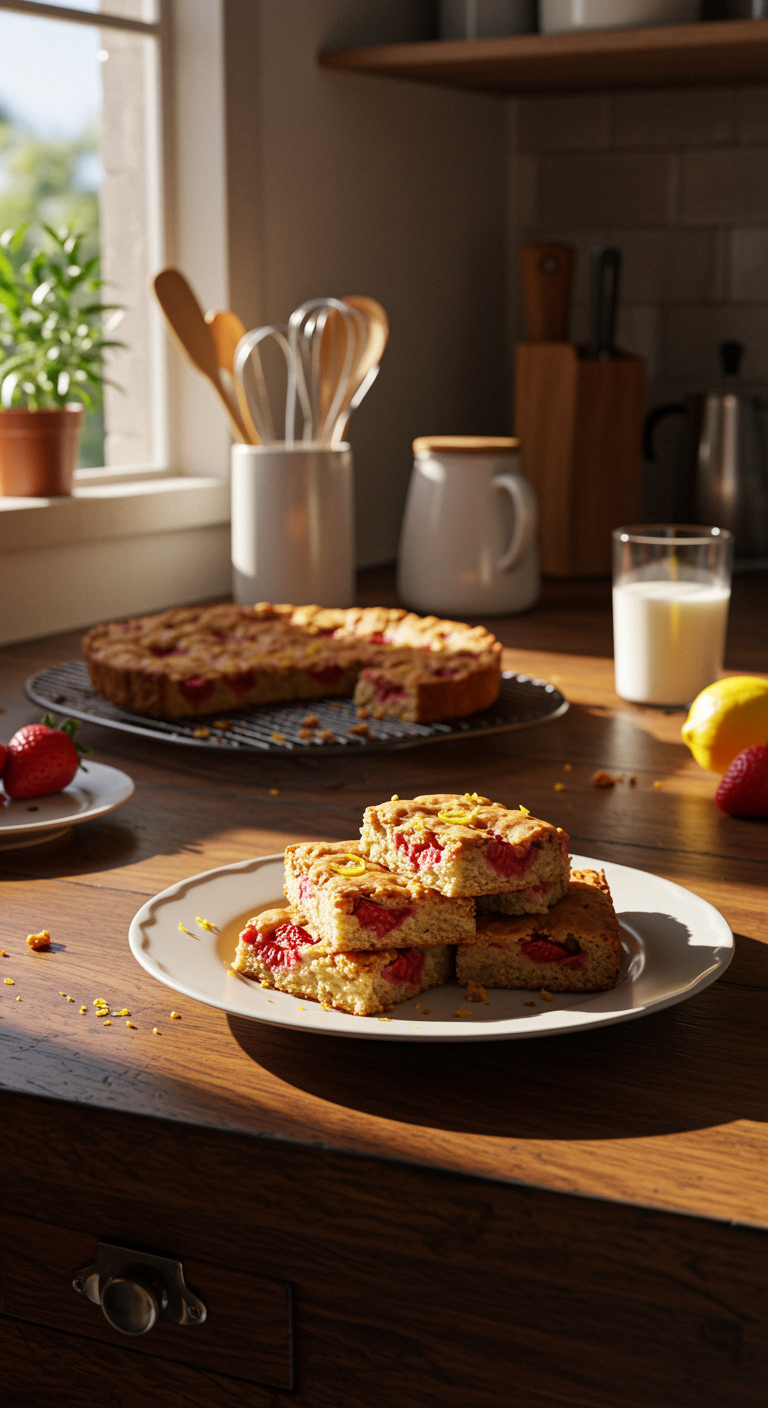 Homemade strawberry lemon blondies casually plated on a wooden table in a cozy home kitchen setting, with crumbs and uneven edges in natural, soft lighting and a slightly cluttered background.