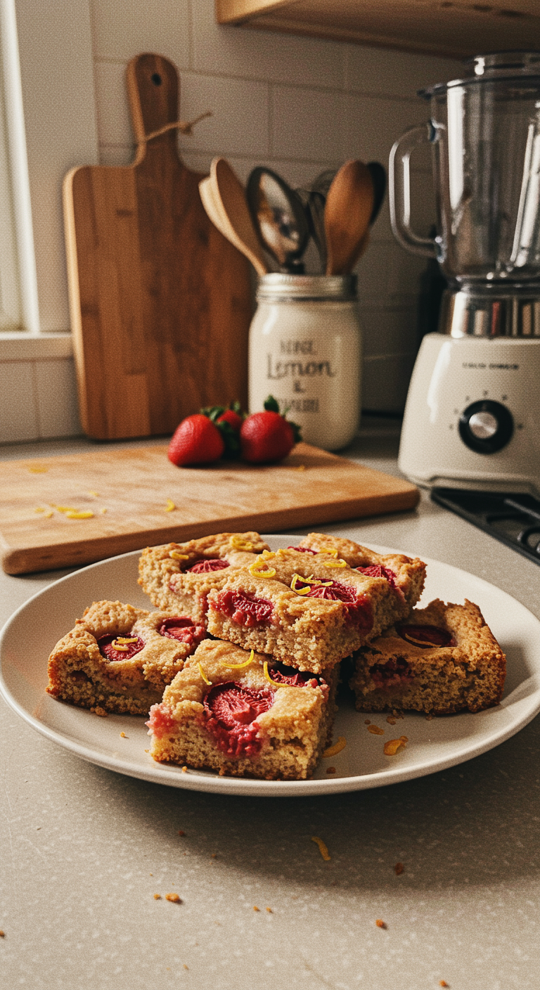 Casually plated strawberry lemon blondies in a kitchen setting, displayed on a cluttered countertop with natural lighting, imperfections, and an unstaged, homey atmosphere.