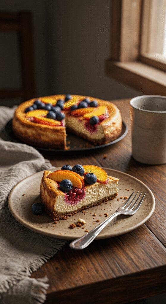 A homemade Summer Berry and Peach Cheesecake slice displayed on an uneven ceramic plate on a rustic wooden table, with fresh berries and peach slices on top, surrounded by crumbs and a simple fork, under soft natural lighting inside a cozy home setting.