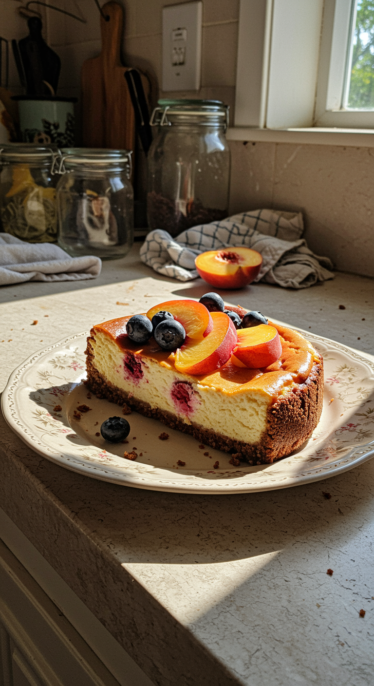 A slice of Summer Berry and Peach Cheesecake on a chipped ceramic plate placed on a cluttered kitchen counter, featuring fresh fruit toppings, crumbs, and natural daylight illuminating the scene with a cozy, lived-in kitchen atmosphere.