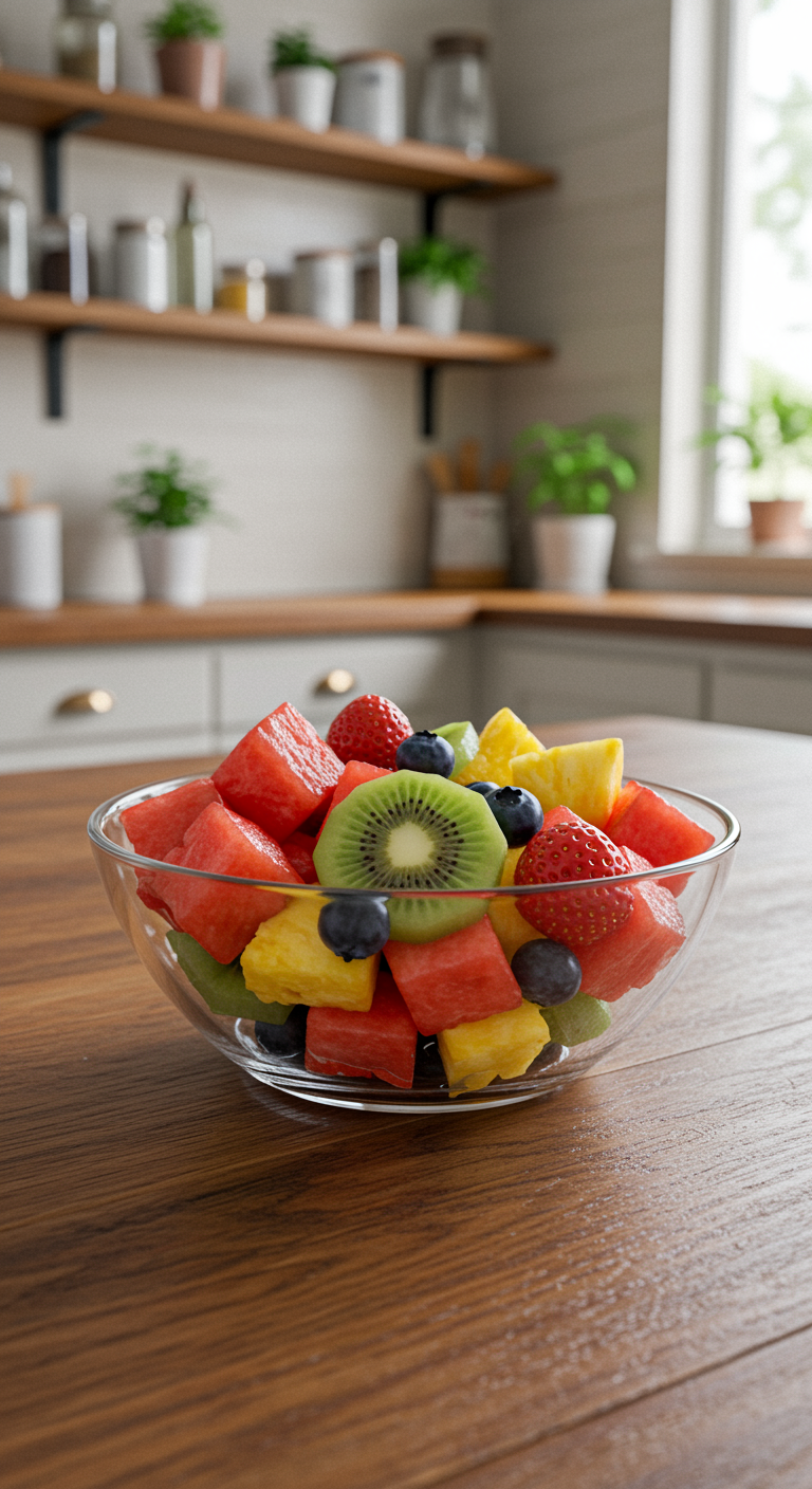 A colorful summer fruit salad in a glass bowl on a rustic wooden table in a cozy kitchen, featuring watermelon, strawberries, blueberries, kiwi, and pineapple, garnished with mint leaves, with natural light highlighting the fresh, vibrant fruits.