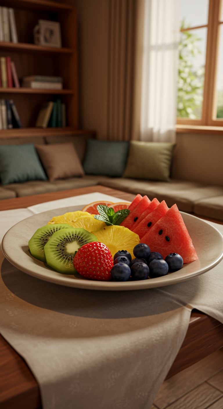 A summer fruit salad on a ceramic plate in a cozy home setting, with sliced strawberries, kiwi, pineapple, blueberries, and watermelon topped with mint, placed on a small table inside a warm living room illuminated by natural light.
