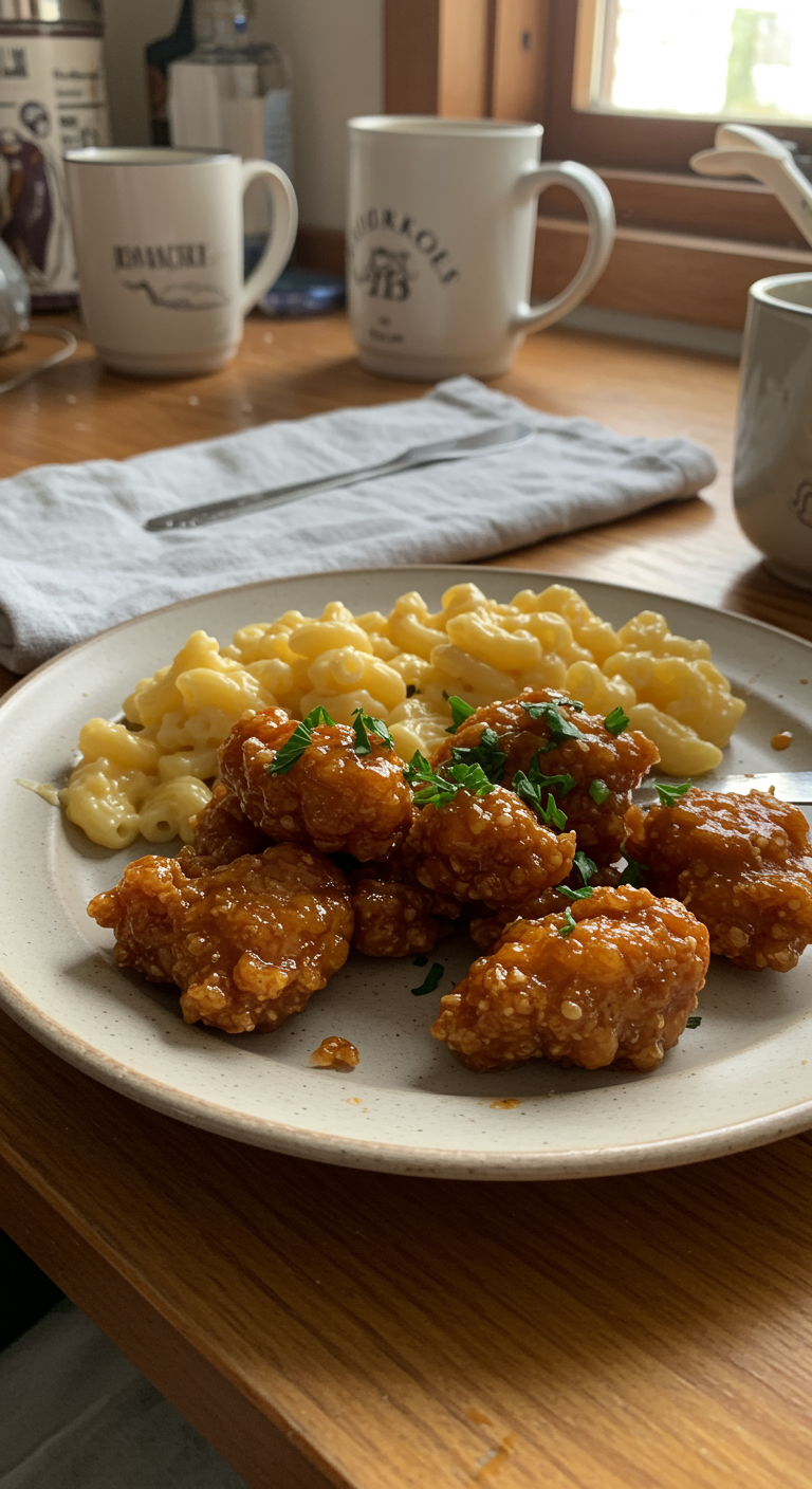 Casual home kitchen scene with sweet and spicy honey pepper chicken and creamy macaroni cheese on a ceramic plate, showing a realistic, unstyled presentation in natural lighting with a cozy, cluttered background.
