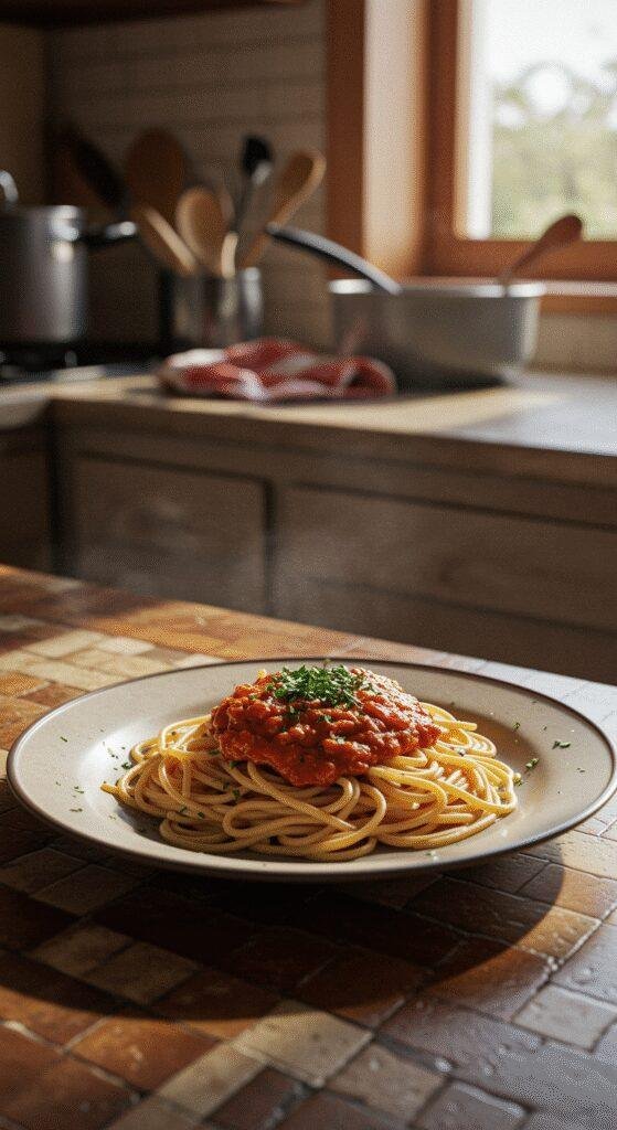 Realistic photo of Assassin’s Spaghetti served casually on a ceramic plate in a cozy home setting, with natural lighting and a slightly cluttered kitchen background.