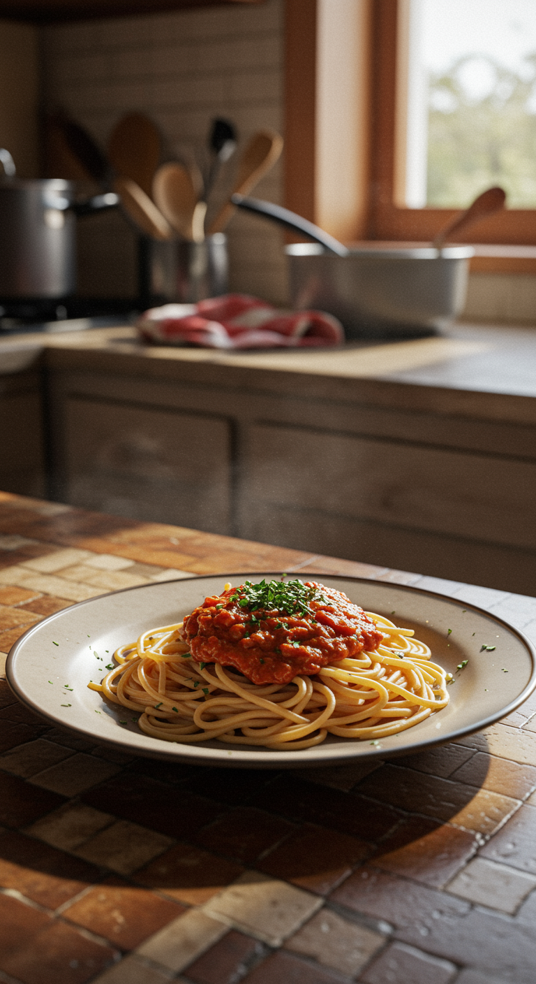 Realistic photo of Assassin’s Spaghetti served casually on a ceramic plate in a cozy home setting, with natural lighting and a slightly cluttered kitchen background.