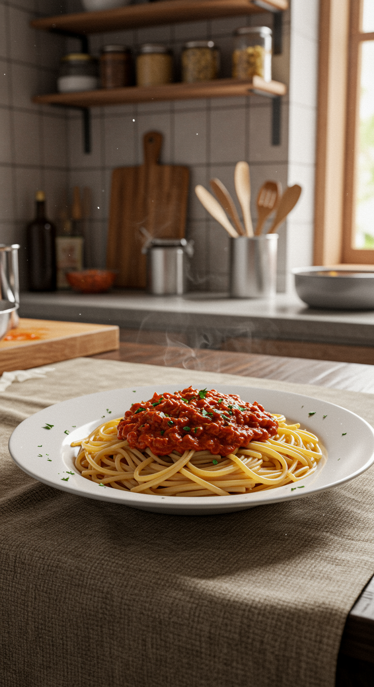 Amateur-style photo of Assassin’s Spaghetti on a rustic table in a cluttered kitchen, with natural lighting and imperfect, cozy presentation.