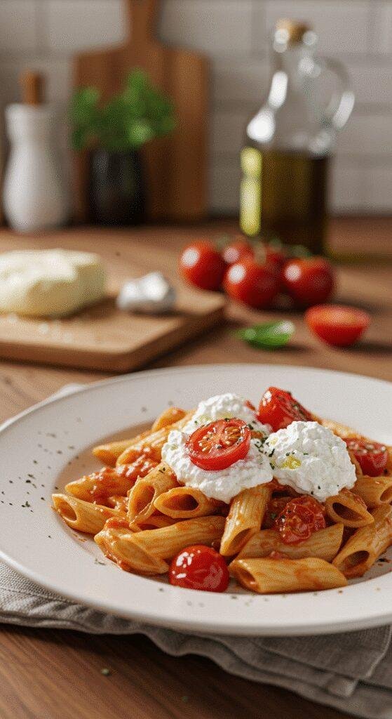 Realistic image of tomato ricotta pasta served in a casual home setting, shown on a wooden table with warm lighting and natural imperfections, including crumbs and slight sauce smudges, creating an inviting, informal atmosphere.