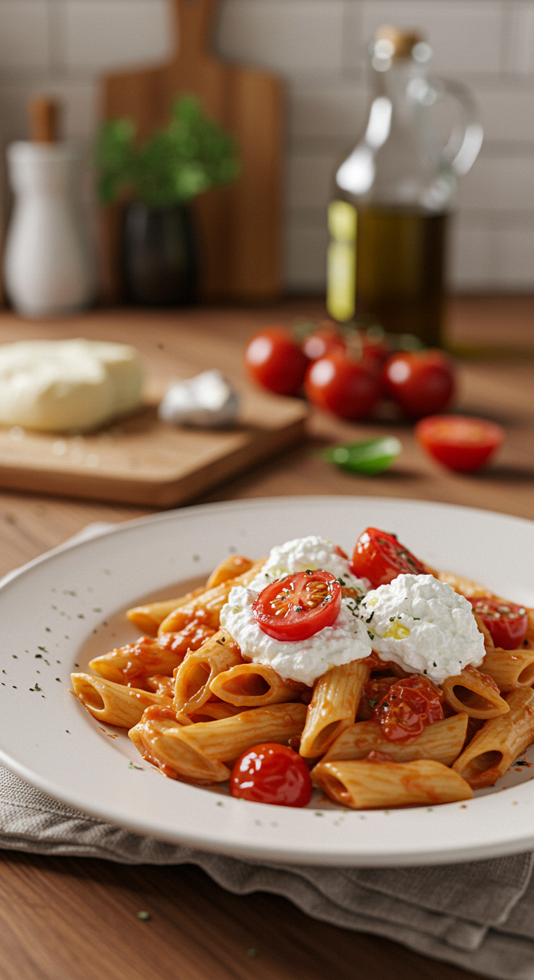 Realistic image of tomato ricotta pasta served in a casual home setting, shown on a wooden table with warm lighting and natural imperfections, including crumbs and slight sauce smudges, creating an inviting, informal atmosphere.