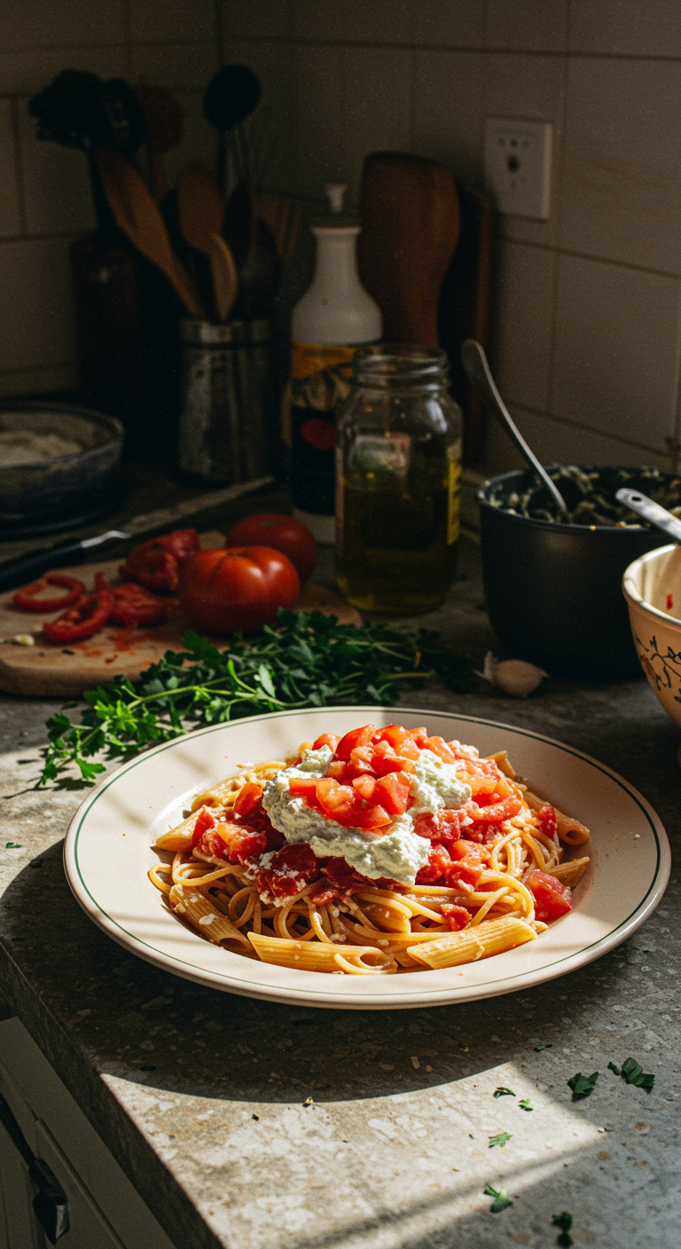 Casual kitchen scene of tomato ricotta pasta on a countertop, with natural, uneven lighting and everyday clutter, showcasing an authentic and unstaged presentation of the dish.