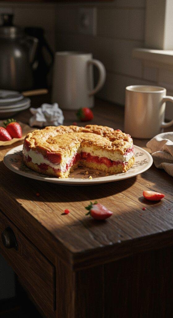 Casual home setting with a strawberry cheesecake dump cake on a plate, showcasing the layered, slightly uneven topping with fresh strawberries, surrounded by baking essentials and a cozy kitchen background, lit naturally.